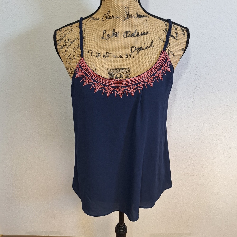 Q&A Sleeveless Size Small Navy Blue Top Pink Embroidered Neckline Braided Strap